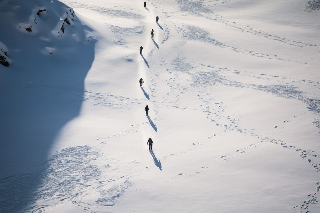 Aerial view of snowboarders and skiers