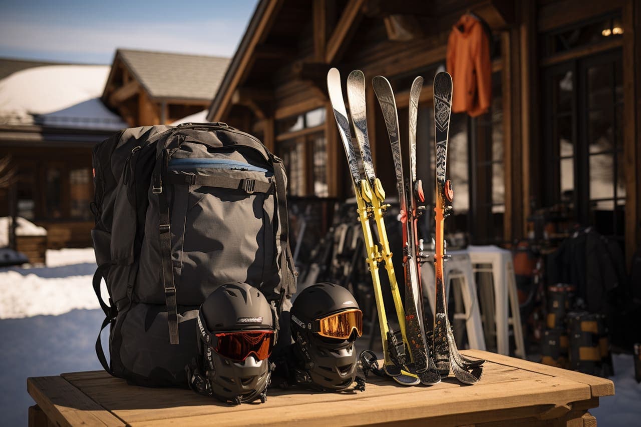 Ski gear outside chalet