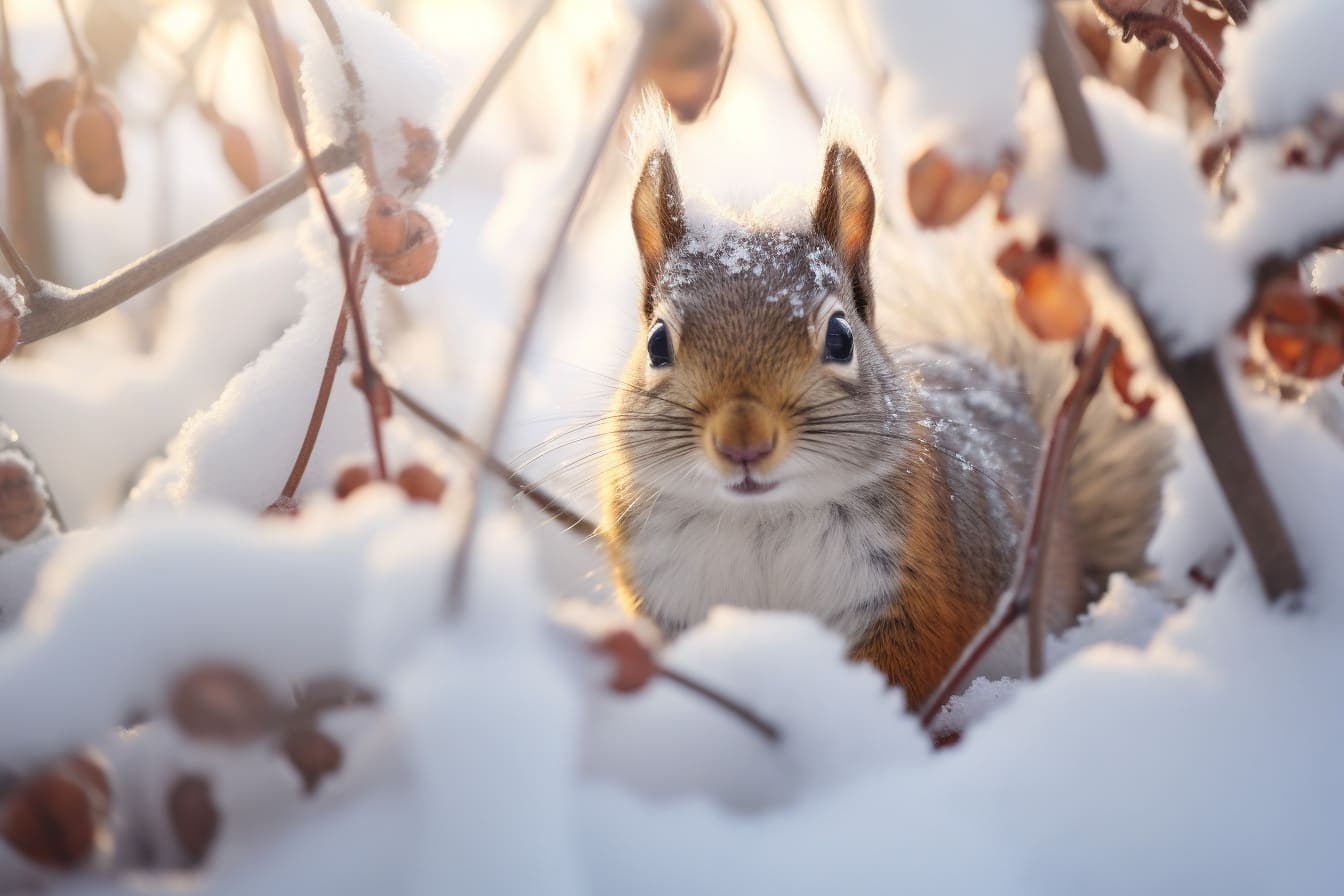 Squirrel in the snowy bushes