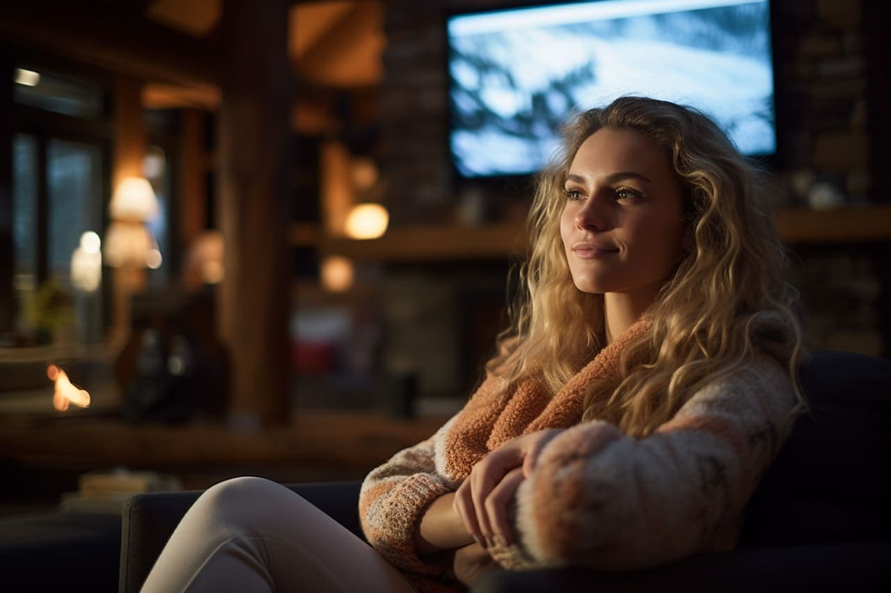 Watching TV in ski chalet