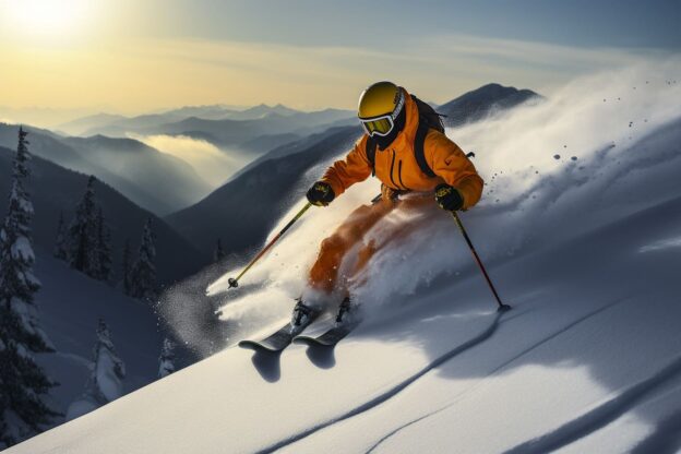 skiing downhill on the mountain in orange